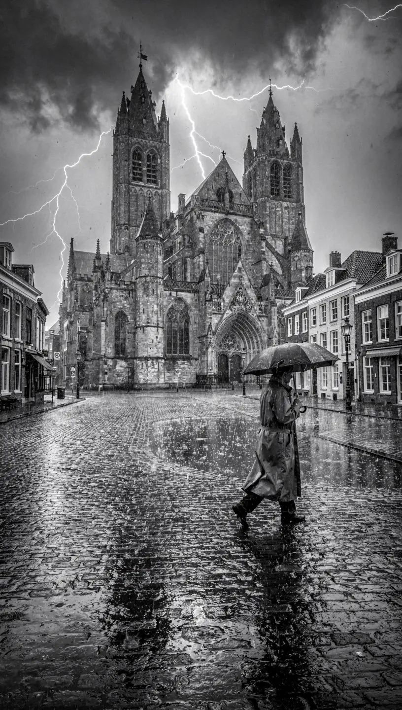 Detailopname van de middeleeuwse architectuur van de abdij in het centrum van Middelburg.